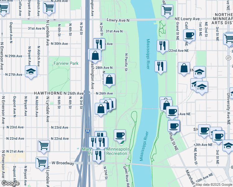 map of restaurants, bars, coffee shops, grocery stores, and more near 114 North 26th Avenue in Minneapolis