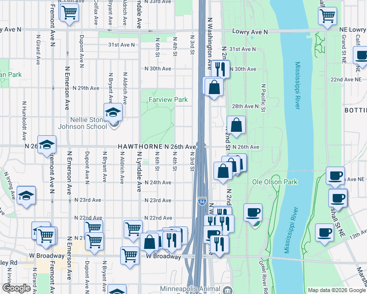 map of restaurants, bars, coffee shops, grocery stores, and more near 350 North 26th Avenue in Minneapolis