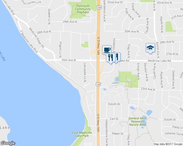 map of restaurants, bars, coffee shops, grocery stores, and more near 9610 25th Avenue North in Minneapolis