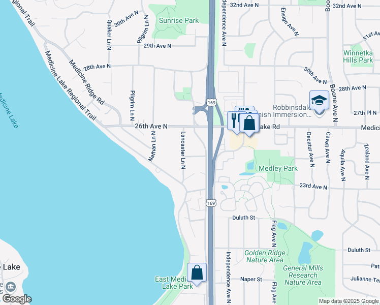 map of restaurants, bars, coffee shops, grocery stores, and more near 9610 25th Avenue North in Minneapolis