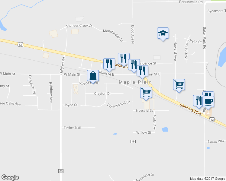map of restaurants, bars, coffee shops, grocery stores, and more near 5304 Clayton Drive in Maple Plain