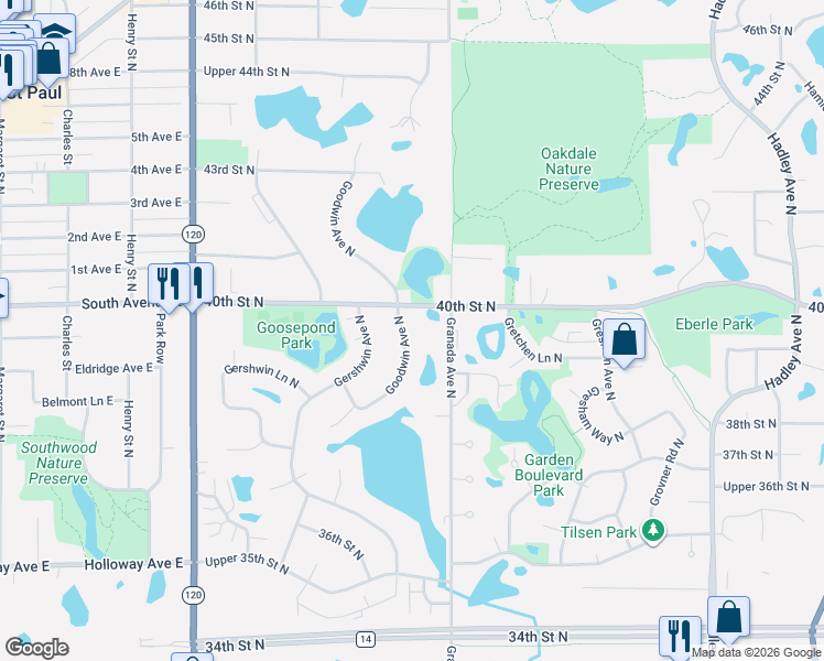 map of restaurants, bars, coffee shops, grocery stores, and more near 3955 Goodwin Avenue North in Oakdale