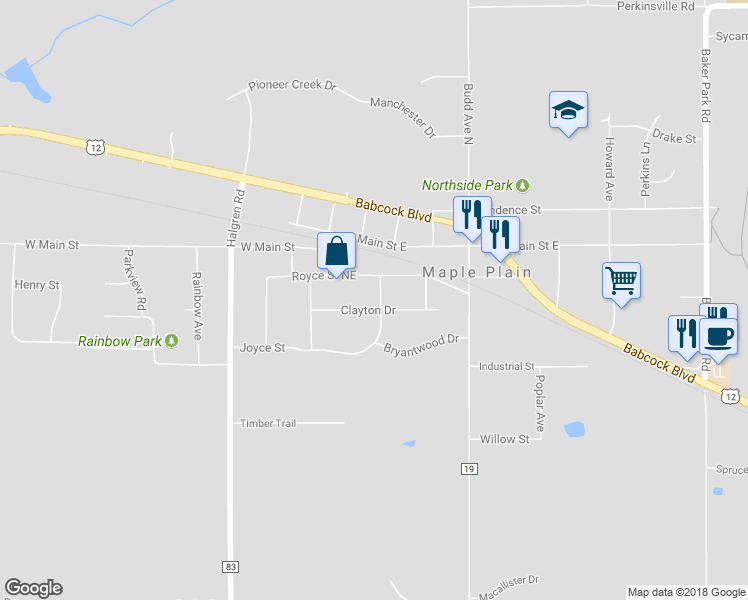 map of restaurants, bars, coffee shops, grocery stores, and more near 5358 Clayton Drive in Maple Plain
