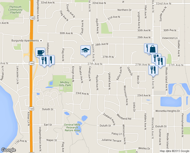 map of restaurants, bars, coffee shops, grocery stores, and more near 2425 Aquila Avenue North in Minneapolis