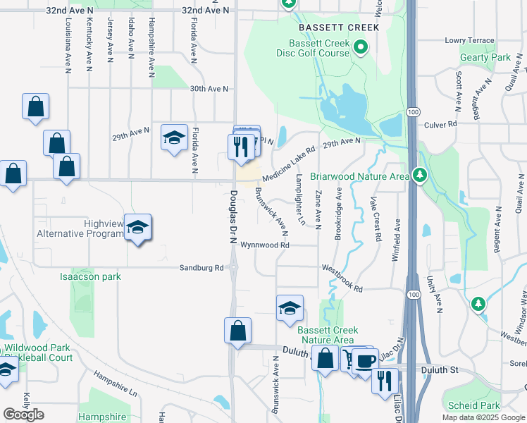 map of restaurants, bars, coffee shops, grocery stores, and more near 2465 Brunswick Avenue North in Minneapolis