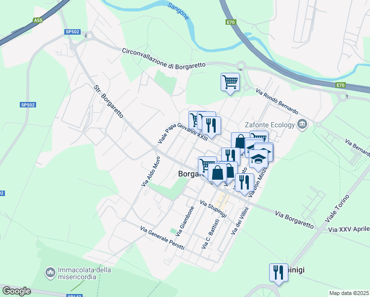 map of restaurants, bars, coffee shops, grocery stores, and more near 10 Via Nino Bixio in Borgaretto