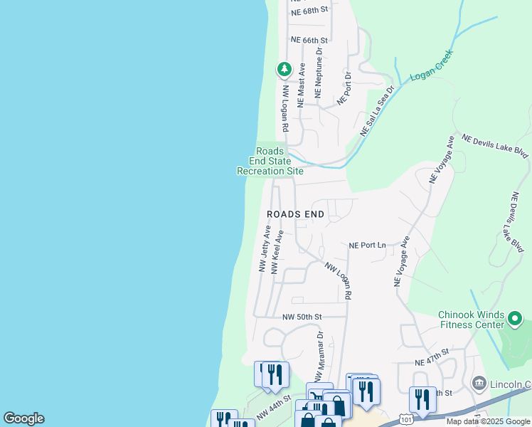 map of restaurants, bars, coffee shops, grocery stores, and more near 5705 Northwest Jetty Avenue in Lincoln City