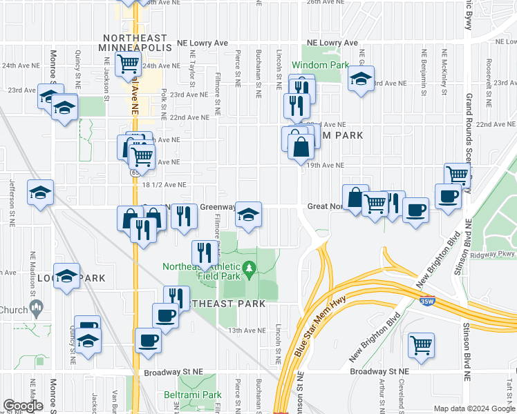 map of restaurants, bars, coffee shops, grocery stores, and more near 18th Ave NE & Buchanan St NE in Minneapolis