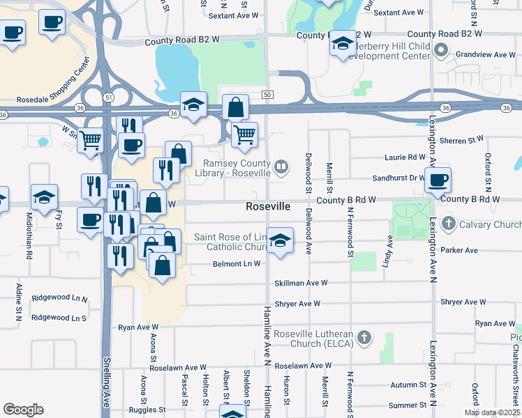 map of restaurants, bars, coffee shops, grocery stores, and more near 1366 County B Road West in Roseville