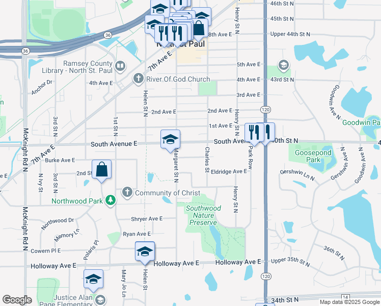 map of restaurants, bars, coffee shops, grocery stores, and more near 2585 Burke Avenue East in North Saint Paul
