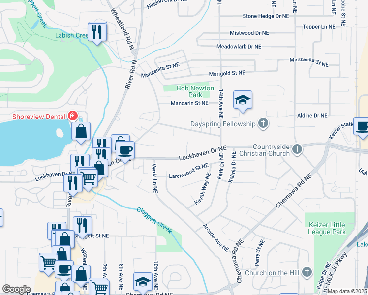 map of restaurants, bars, coffee shops, grocery stores, and more near 5721 Crestwood Court Northeast in Keizer