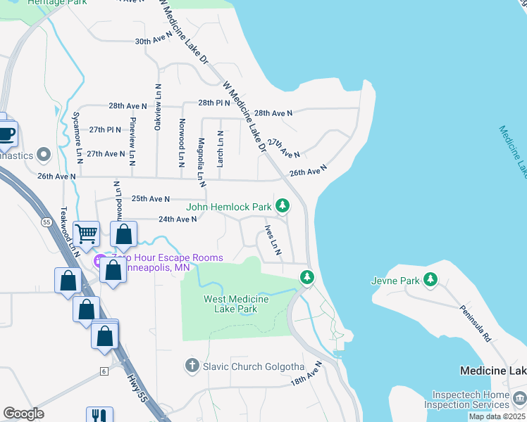 map of restaurants, bars, coffee shops, grocery stores, and more near 2480 Hemlock Lane North in Plymouth
