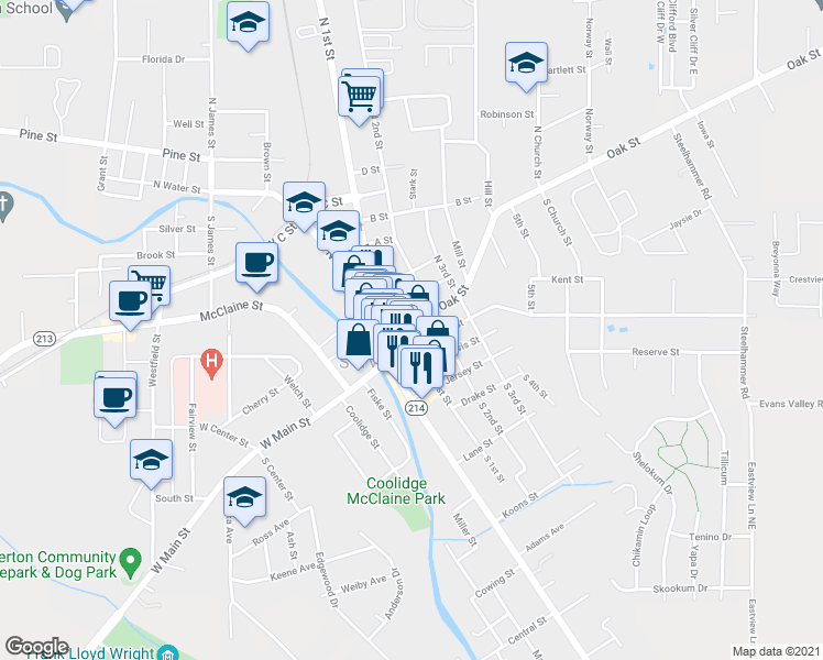 map of restaurants, bars, coffee shops, grocery stores, and more near 115 South 1st Street in Silverton