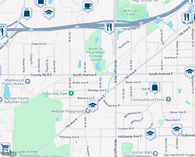 map of restaurants, bars, coffee shops, grocery stores, and more near 2210 South Avenue East in North Saint Paul