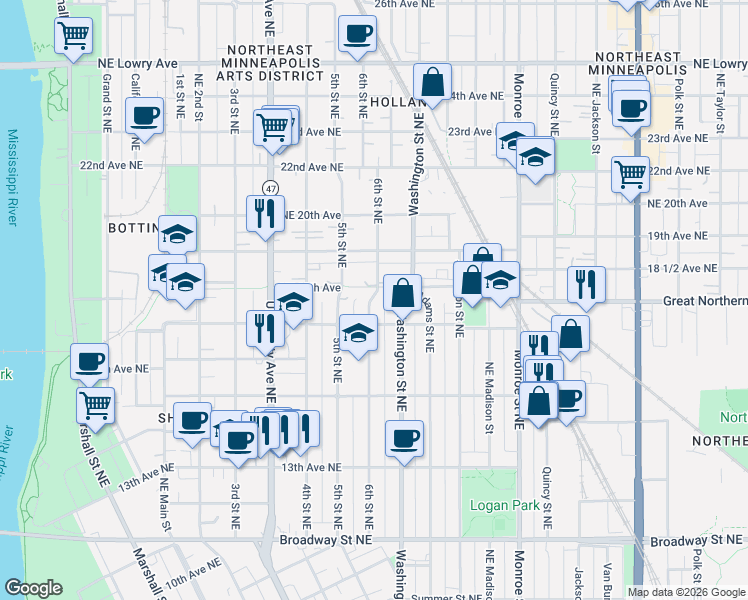 map of restaurants, bars, coffee shops, grocery stores, and more near 1250 West Broadway Avenue in Minneapolis