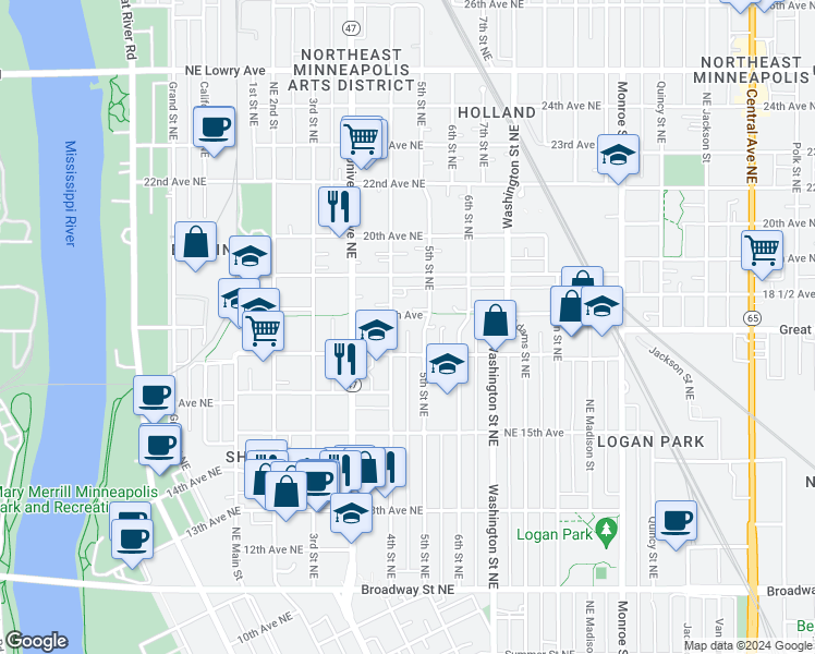 map of restaurants, bars, coffee shops, grocery stores, and more near 1723 4th St NE in Minneapolis