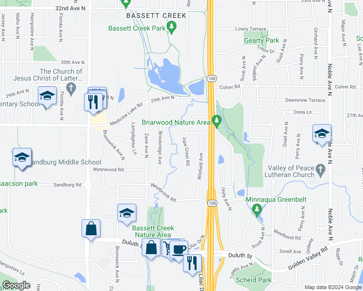 map of restaurants, bars, coffee shops, grocery stores, and more near 2535 Vale Crest Road in Minneapolis
