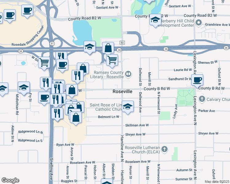 map of restaurants, bars, coffee shops, grocery stores, and more near 1366 County B Road West in Roseville