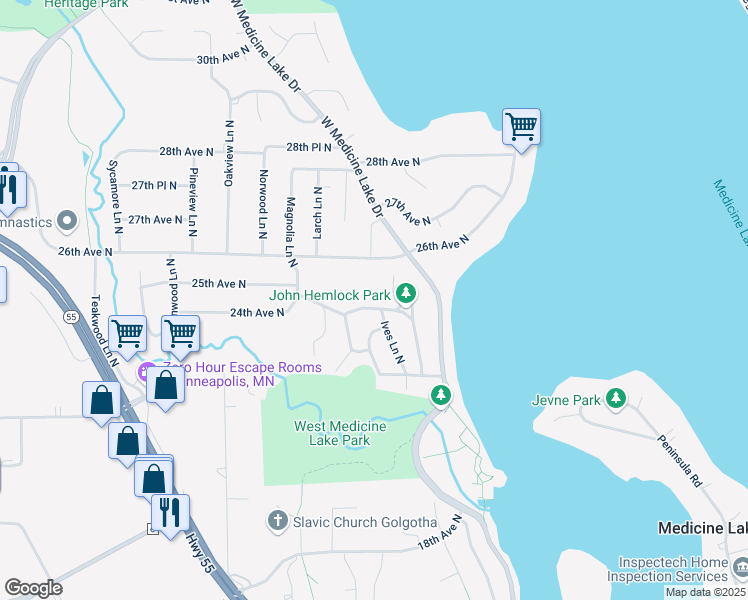 map of restaurants, bars, coffee shops, grocery stores, and more near 2480 Hemlock Lane North in Plymouth