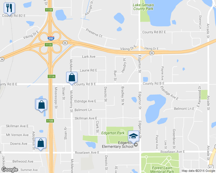 map of restaurants, bars, coffee shops, grocery stores, and more near 466 County Road B East in Maplewood