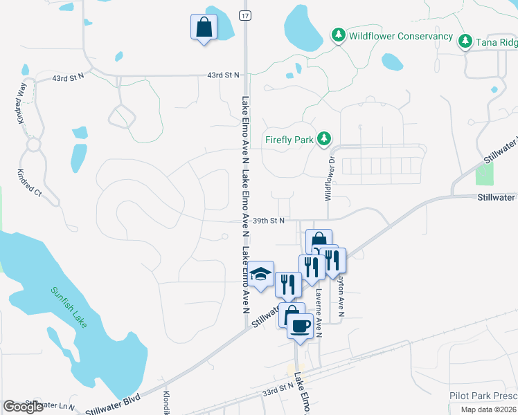 map of restaurants, bars, coffee shops, grocery stores, and more near 11020 39th Street North in Lake Elmo