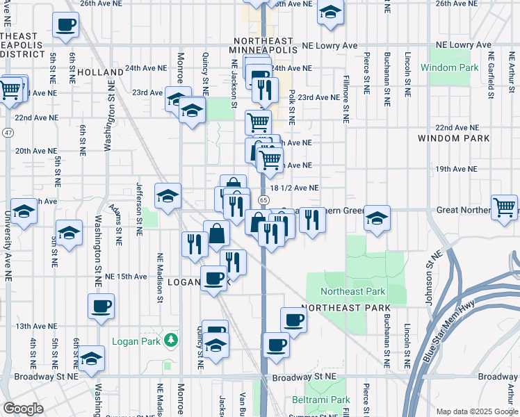 map of restaurants, bars, coffee shops, grocery stores, and more near 1800 Minnesota 65 in Minneapolis