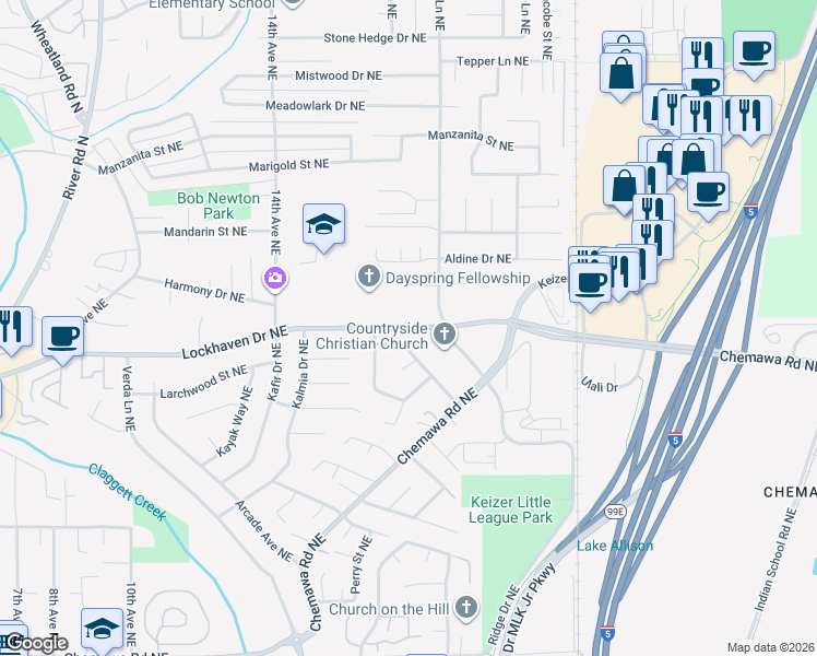 map of restaurants, bars, coffee shops, grocery stores, and more near 1848 Lockhaven Drive Northeast in Keizer