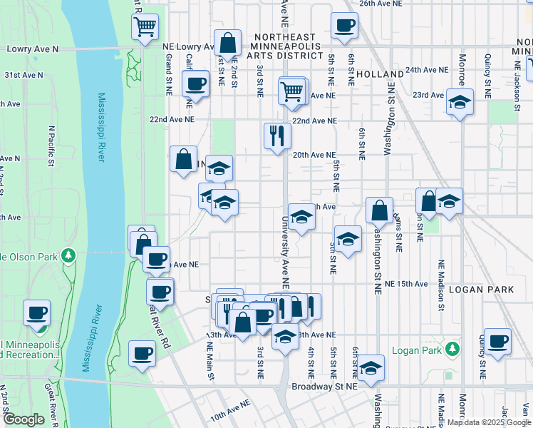 map of restaurants, bars, coffee shops, grocery stores, and more near 1723 3rd Street Northeast in Minneapolis
