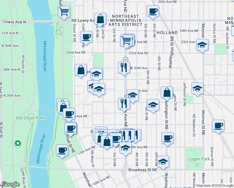 map of restaurants, bars, coffee shops, grocery stores, and more near 1723 3rd Street Northeast in Minneapolis