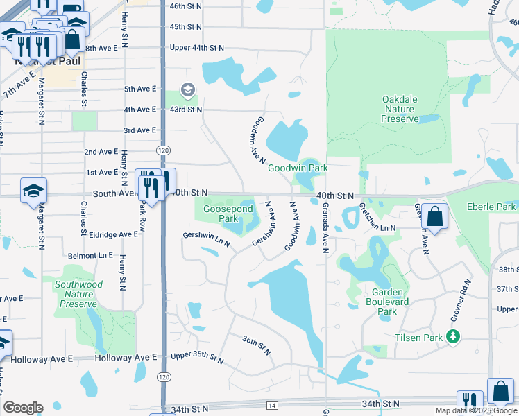 map of restaurants, bars, coffee shops, grocery stores, and more near 3968 Gershwin Avenue North in Oakdale