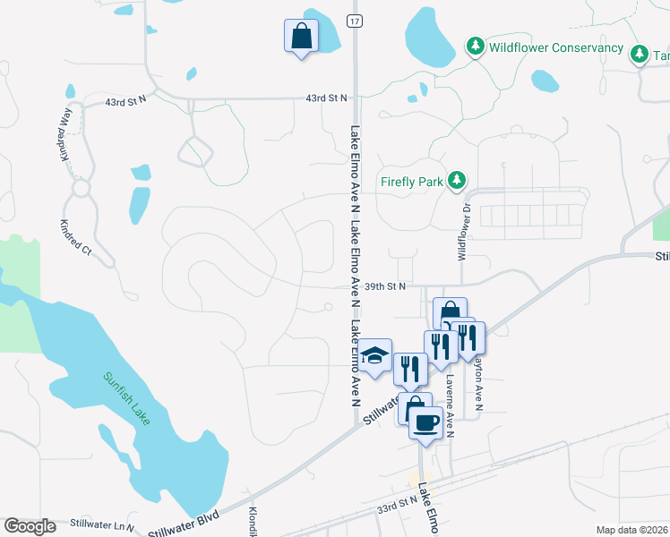 map of restaurants, bars, coffee shops, grocery stores, and more near 3930 Kokanee Lane North in Lake Elmo