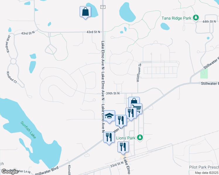 map of restaurants, bars, coffee shops, grocery stores, and more near 11020 39th Street North in Lake Elmo