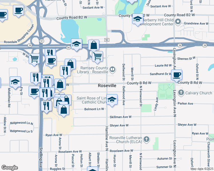 map of restaurants, bars, coffee shops, grocery stores, and more near in Roseville