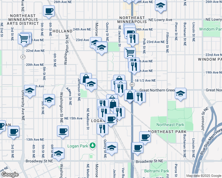 map of restaurants, bars, coffee shops, grocery stores, and more near 1803 Quincy Street Northeast in Minneapolis