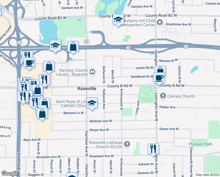 map of restaurants, bars, coffee shops, grocery stores, and more near 1260 County B Road West in Roseville