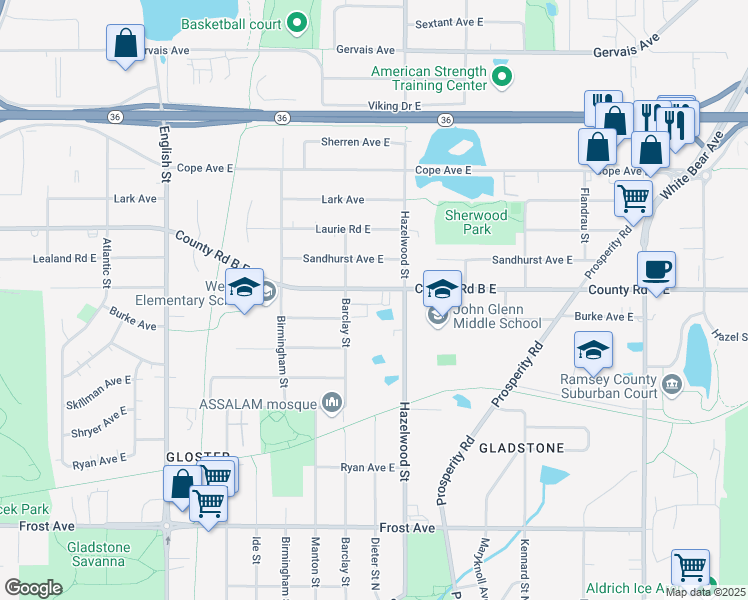 map of restaurants, bars, coffee shops, grocery stores, and more near 1490 County Road B East in Maplewood