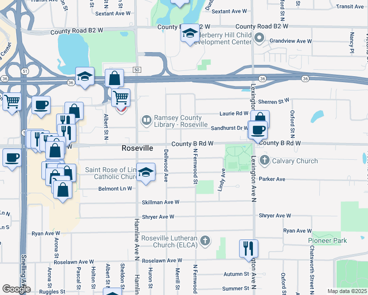 map of restaurants, bars, coffee shops, grocery stores, and more near 1260 County B Road West in Roseville