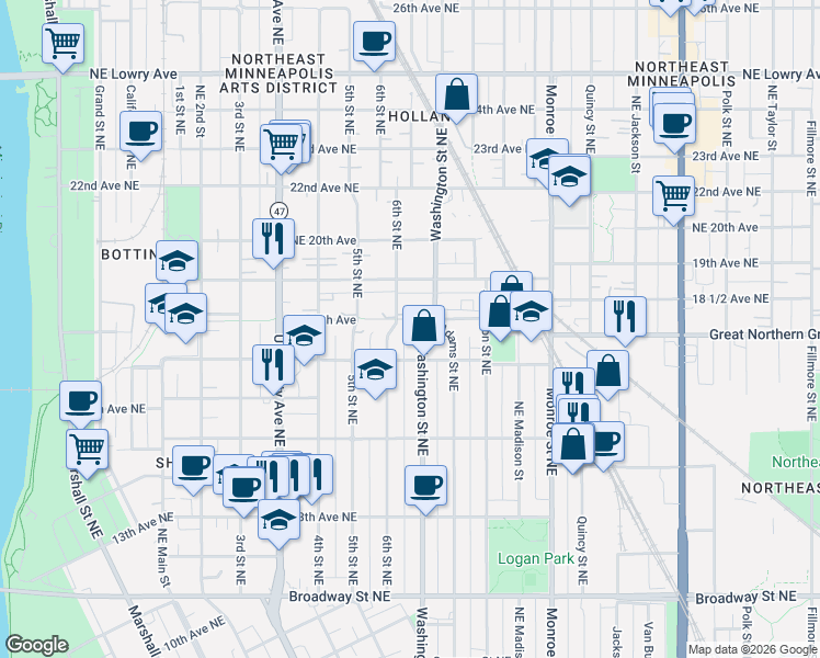 map of restaurants, bars, coffee shops, grocery stores, and more near 1720 Washington Street Northeast in Minneapolis