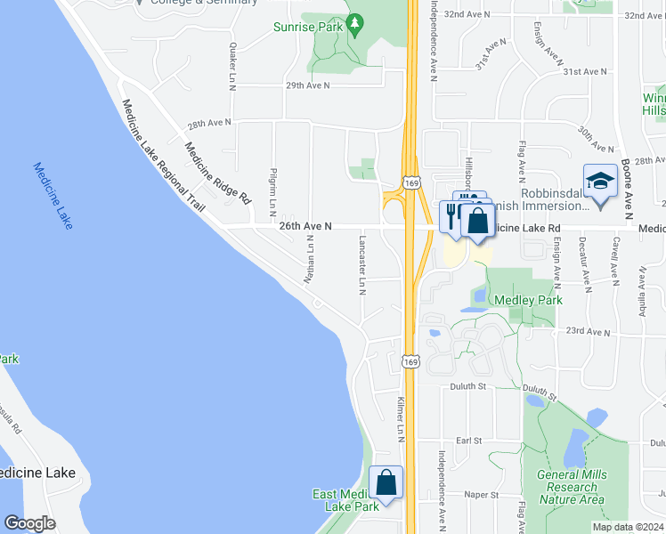 map of restaurants, bars, coffee shops, grocery stores, and more near 2500 Nathan Lane North in Plymouth