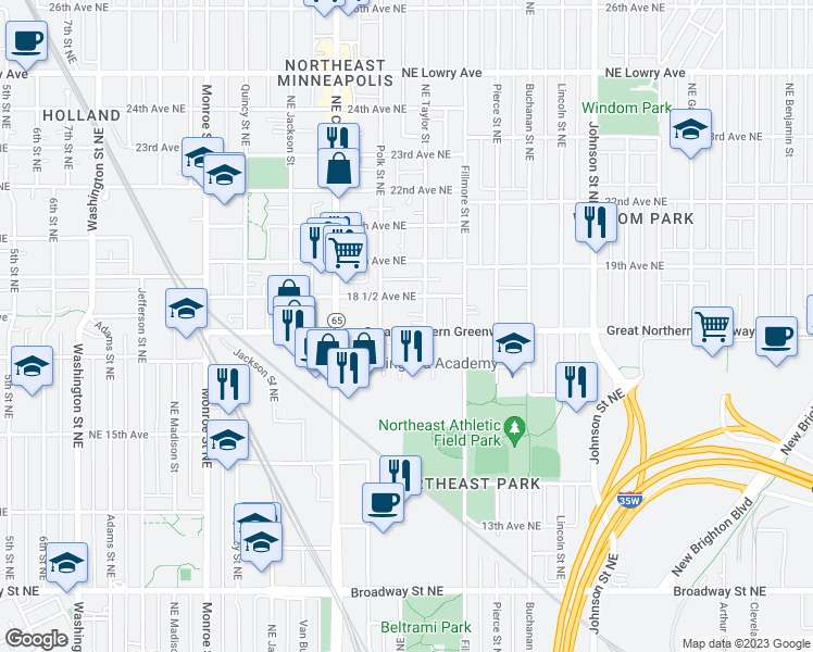 map of restaurants, bars, coffee shops, grocery stores, and more near 1019 18th Avenue Northeast in Minneapolis