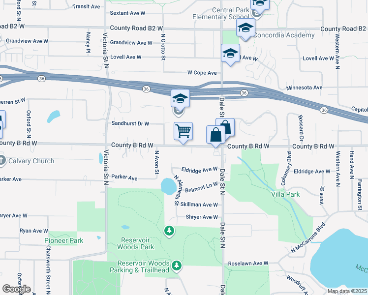 map of restaurants, bars, coffee shops, grocery stores, and more near 700 County B Road West in Roseville