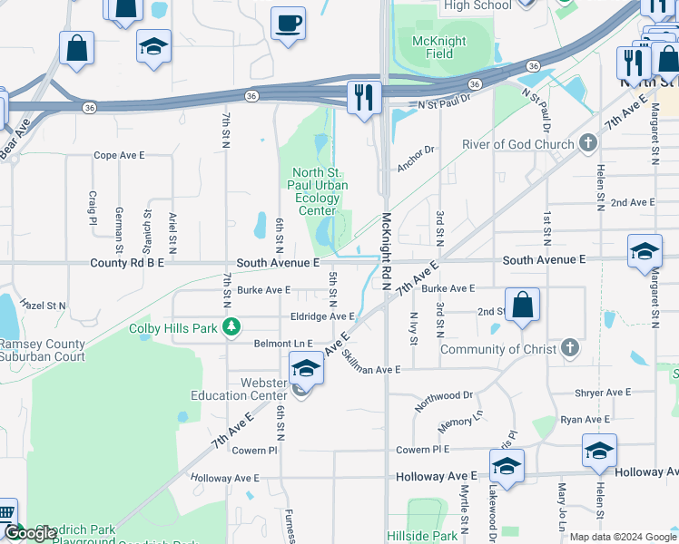 map of restaurants, bars, coffee shops, grocery stores, and more near 2210 South Avenue East in North Saint Paul