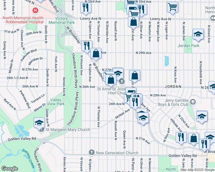 map of restaurants, bars, coffee shops, grocery stores, and more near 2448 North 26th Avenue in Minneapolis