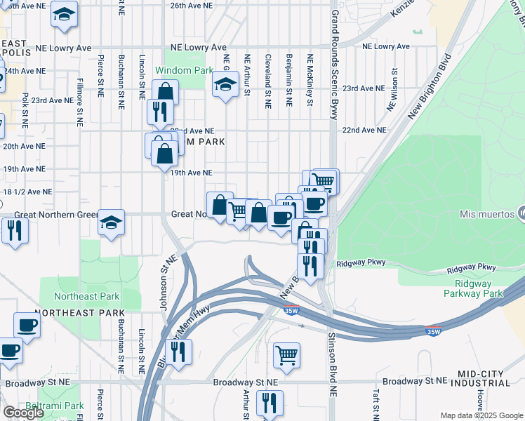 map of restaurants, bars, coffee shops, grocery stores, and more near 1800 Cleveland Street Northeast in Minneapolis
