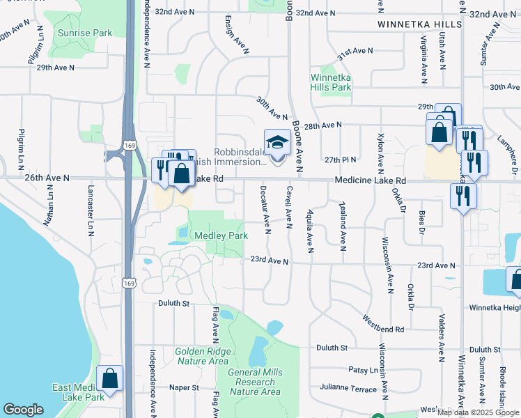 map of restaurants, bars, coffee shops, grocery stores, and more near 2425 Decatur Avenue North in Minneapolis
