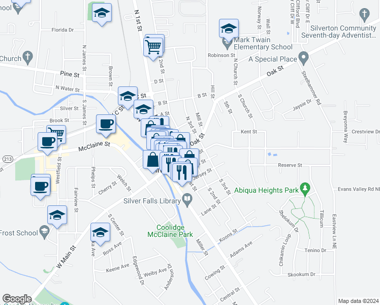 map of restaurants, bars, coffee shops, grocery stores, and more near 139 North 2nd Street in Silverton