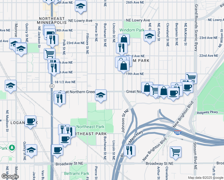 map of restaurants, bars, coffee shops, grocery stores, and more near 1800 Lincoln Street Northeast in Minneapolis