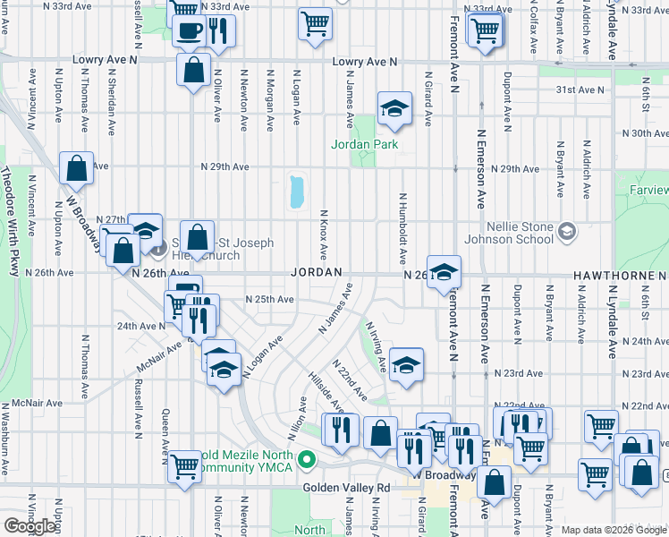 map of restaurants, bars, coffee shops, grocery stores, and more near 1712 North 26th Avenue in Minneapolis