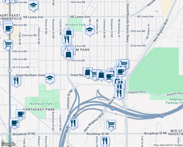 map of restaurants, bars, coffee shops, grocery stores, and more near 1805 Northeast Garfield Street in Minneapolis
