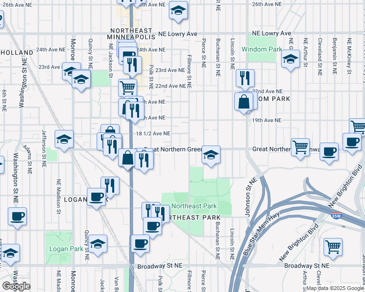 map of restaurants, bars, coffee shops, grocery stores, and more near 1115 18th Avenue Northeast in Minneapolis